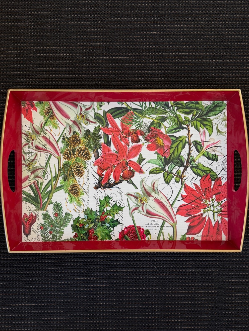 Vintage Michel Design Works Poinsettia Holiday Wood Lacquered Serving Tray
